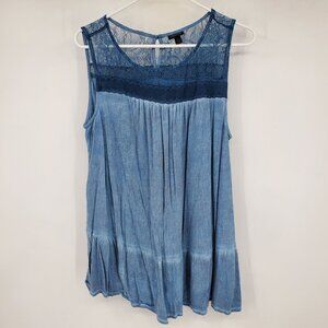 Torrid Midnight Scoop Neck Blue Sleeveless Gauze Lace Trim Tank Top Shirt 1X‎